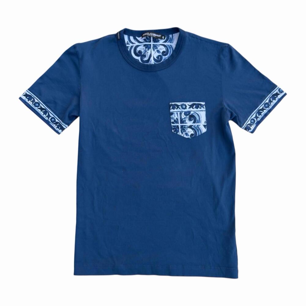 Dolce & Gabbana Navy Blue Majolica Cotton Contrast Print Detail T-Shirt Sz US 10